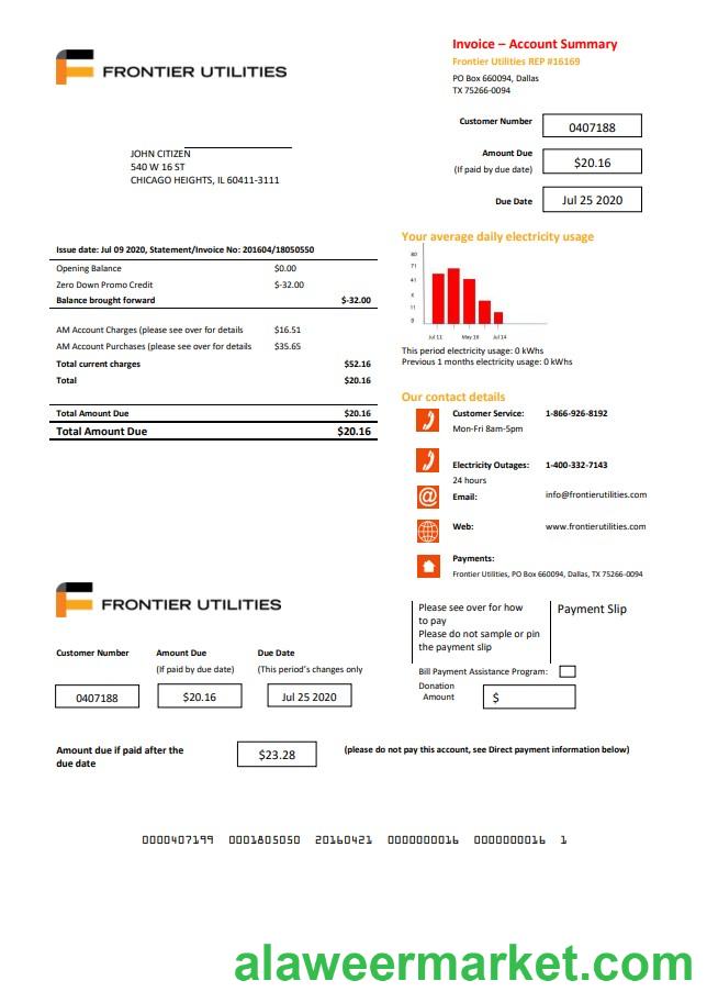 USA Texas Frontier Utilities utility bill template in Word and PDF format